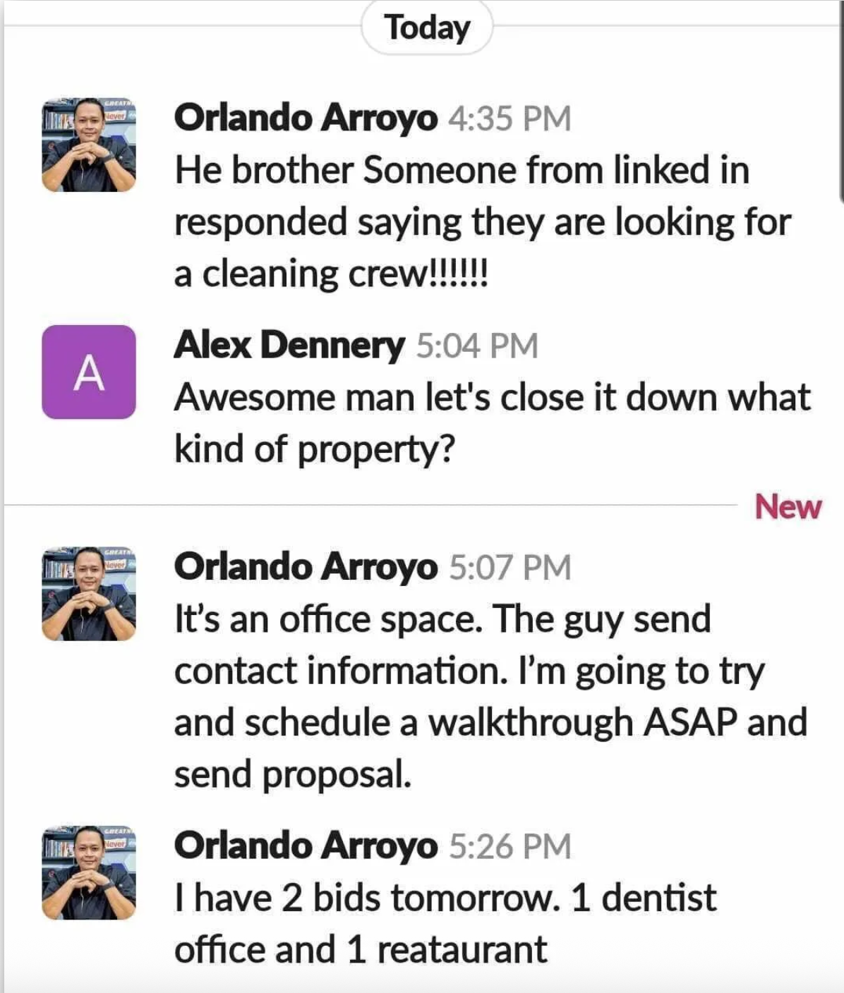 Reply turns into two bids — Office space walkthrough scheduled, plus a dentist office and a restaurant bid.