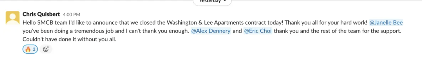 Apartment contract announced — Washington & Lee Apartments contract closed by the team.