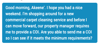 Insurance request — “Please send your certificate of insurance.”